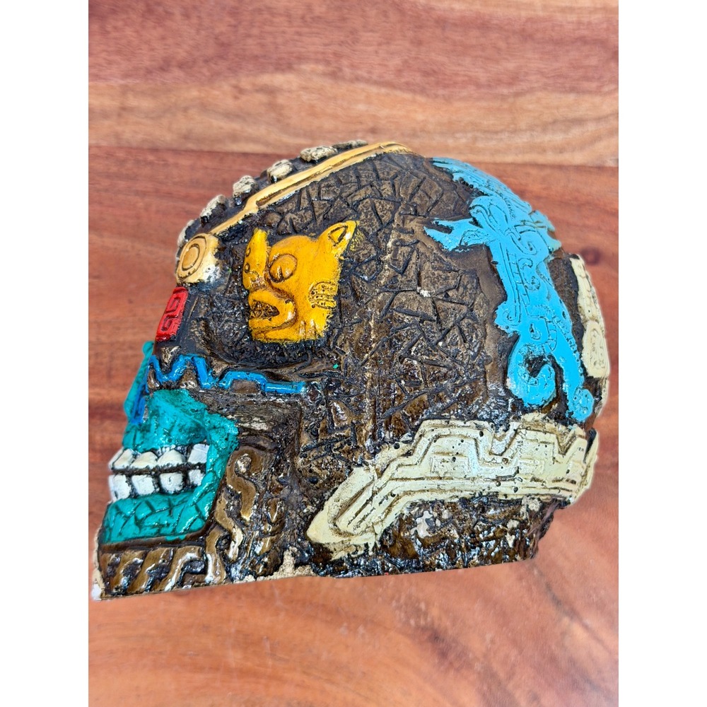 Aztec Mayan Skull Resin Sculpture Calavera Folk Art Day of the Dead Turquoise - Picture 11 of 14